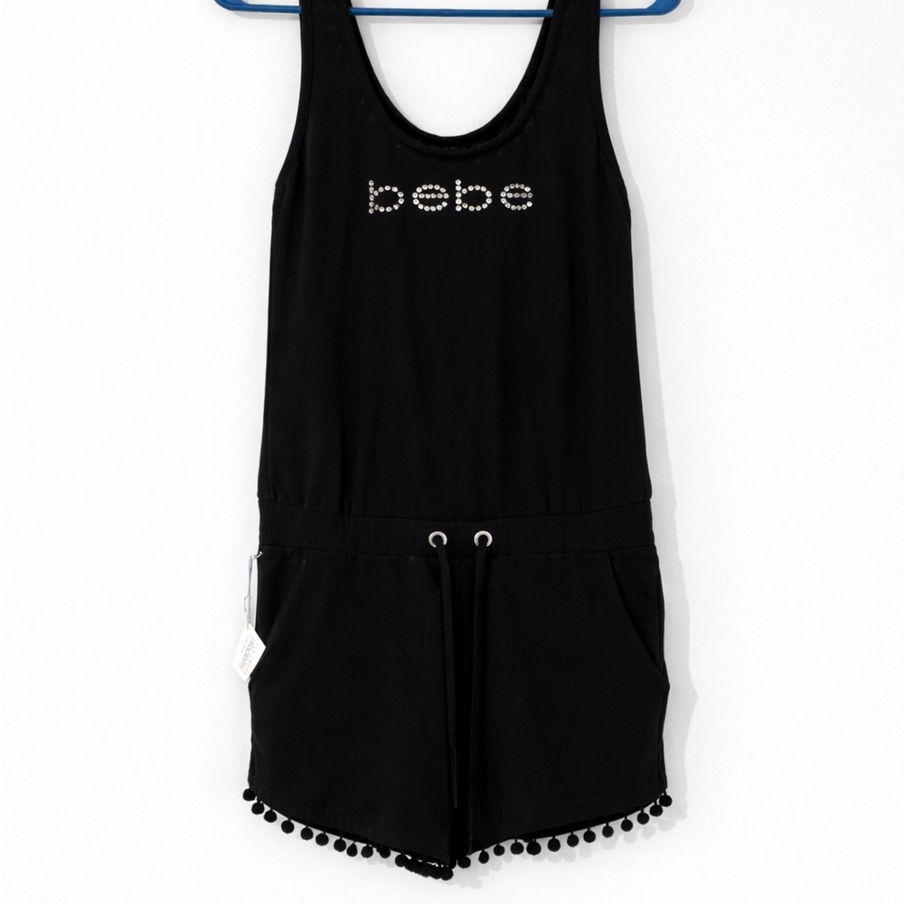 ✨ BEBE Black Rhinestone Logo Pom Pom Romper — Size Small — NWT ✨